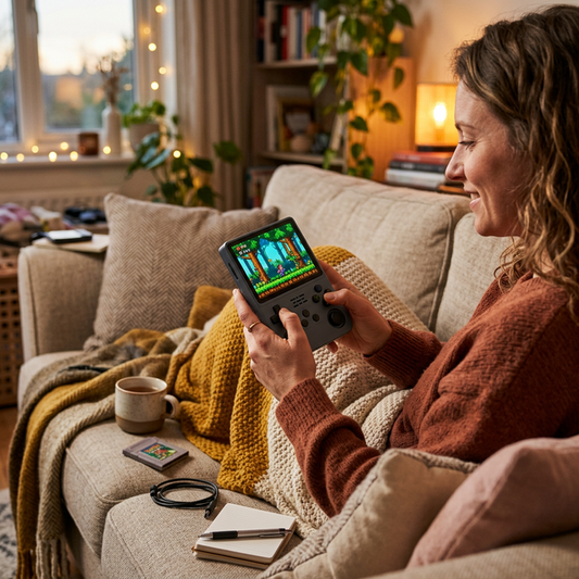 Person playing retro games on R36S handheld console on a cozy couch