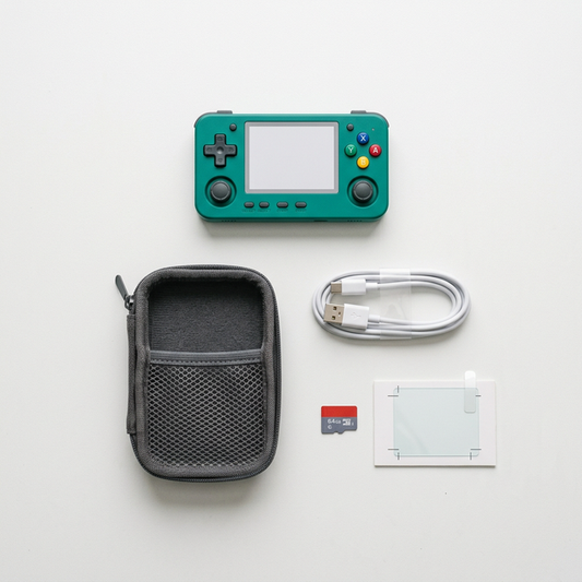 R36S handheld console setup with accessories flat lay